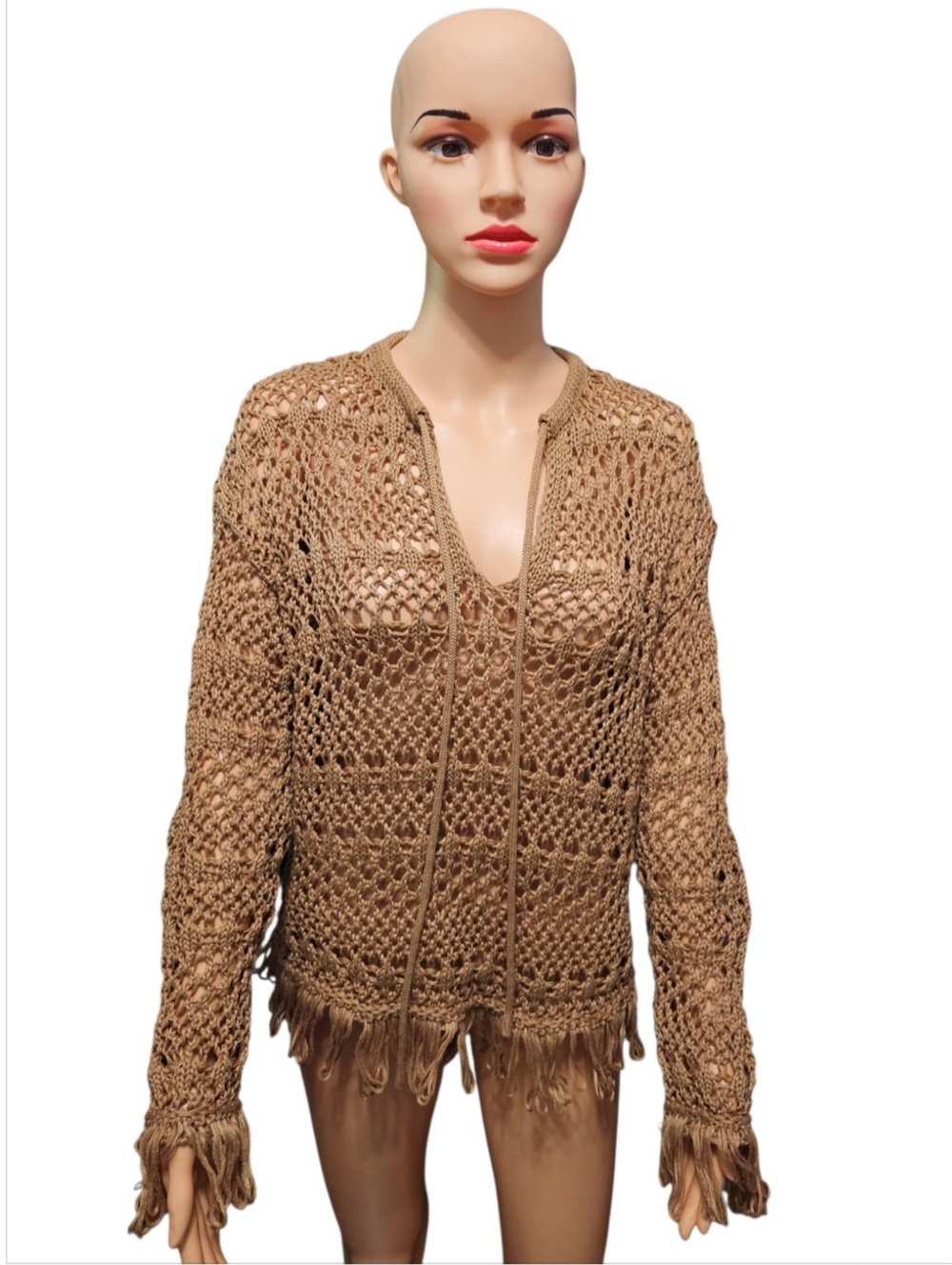 Gigio USA Open-Knit Fringe Crochet Boho Festival Tan Sweater Sz S (Oversized) - Picture 3 of 5